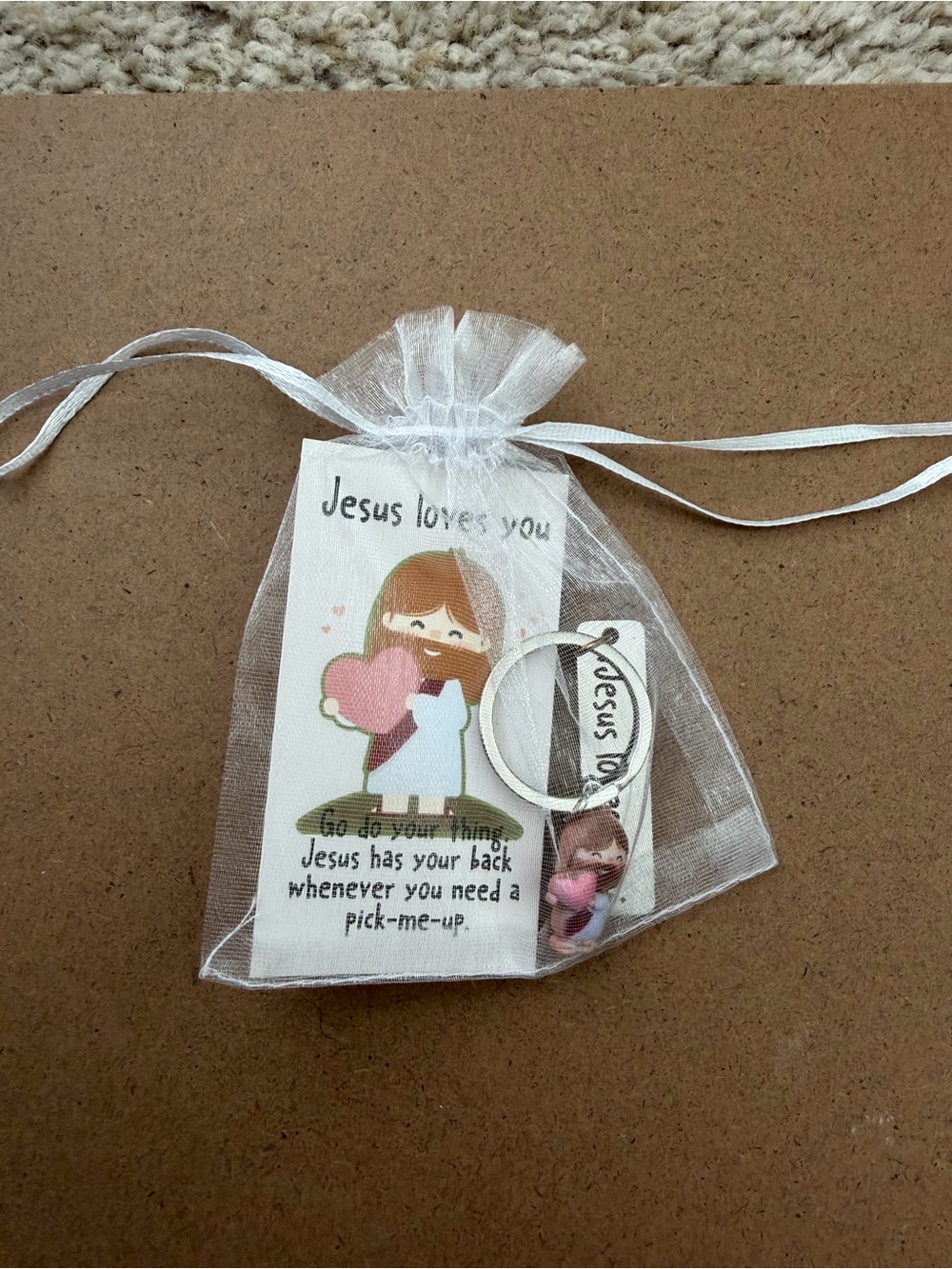 Religious Kids Keychain Gift - White Organza Bag with Pink Heart Charm